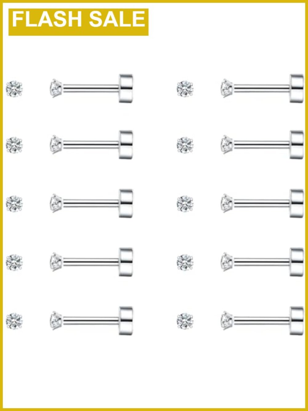 10 Pairs Flat Back Stud Earrings 14K Gold Plated Surgical Stainless Steel
